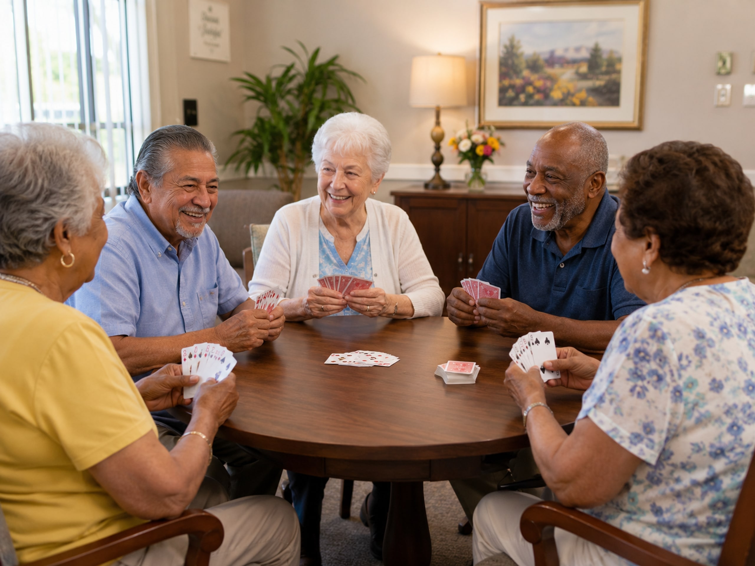 Residents playing cards together around a table